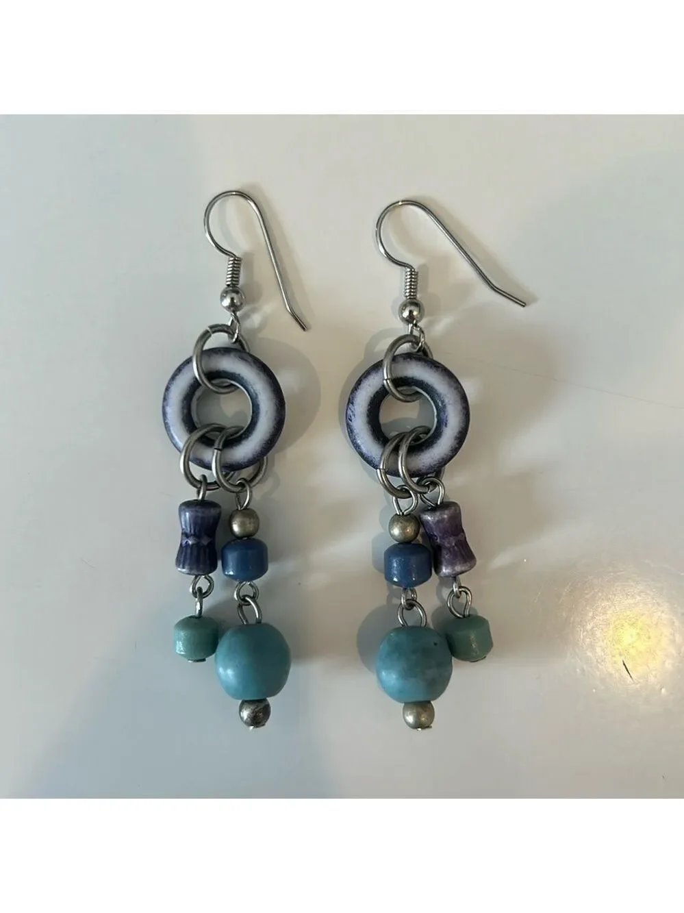 Hanging Turquoise, Blue and Purple Beaded Earrings with Silver Hardware